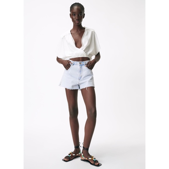 Zara NWT Loose Fitted Cropped Style Embroidered Collar Top XS - Picture 5 of 15